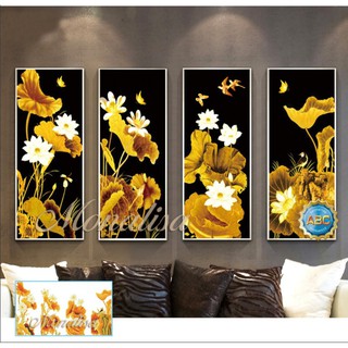 tranh đính đá tứ quý hoa sen vàng xuan hạ thu đông kt 126x75cm