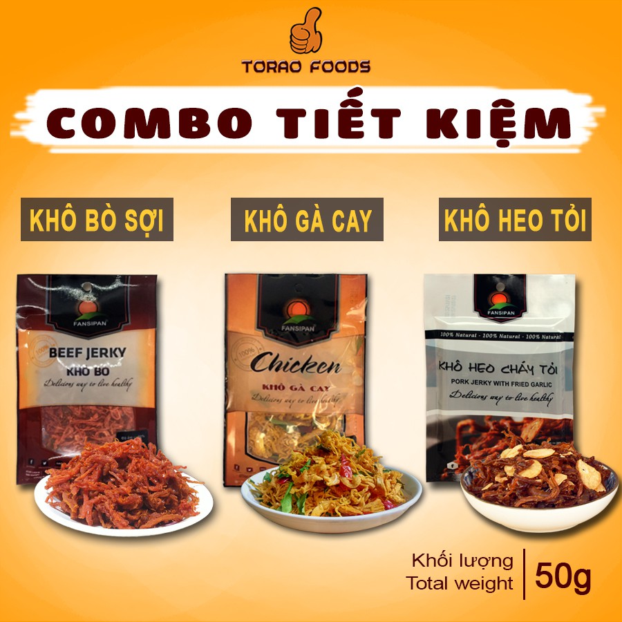 Combo 3 gói 50g khô bò sợi, khô gà lá chanh, heo cháy tỏi