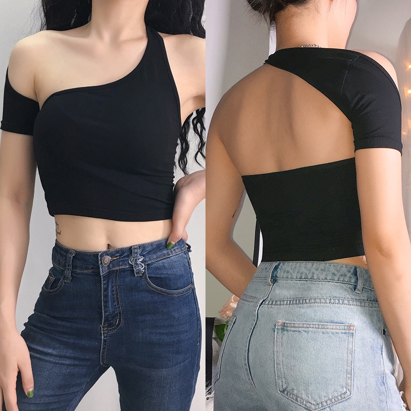 Áo croptop màu đen thiết kế hở vai không tay gợi cảm cho nữ
