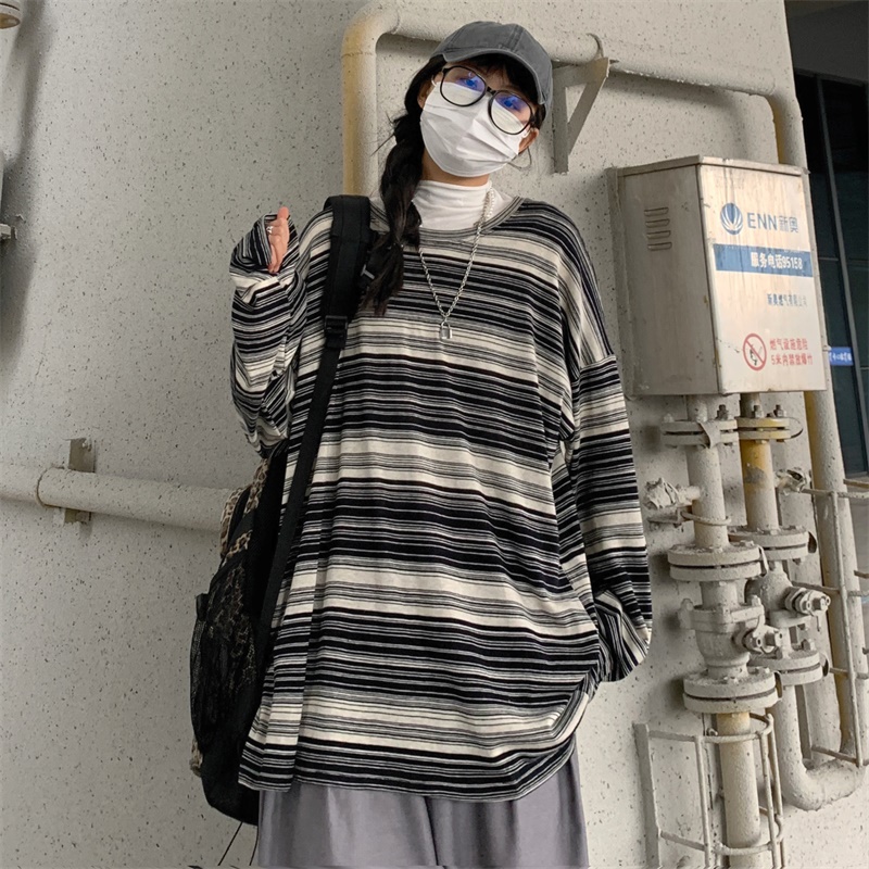 Áo Thun Tay Dài Kẻ Sọc Ngang Trẻ Trung Hợp Thời Trang  198608Áo Dáng Rộng Phong Cách Harajuku Dễ Phối Đồ Dành Cho Nam Và Nữ