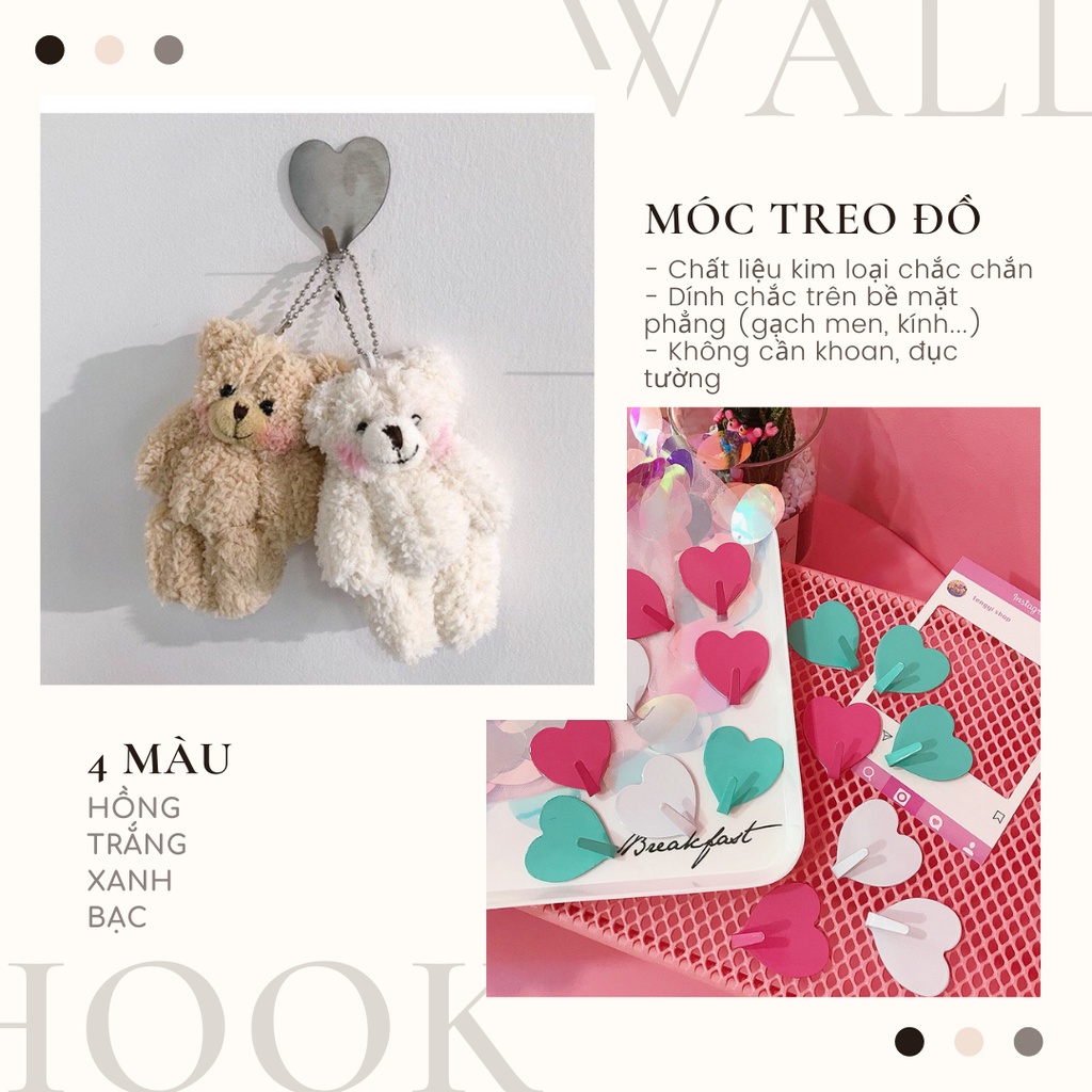 Móc treo đồ dán tường siêu chắc hình trái tim nhiều màu đáng yêu