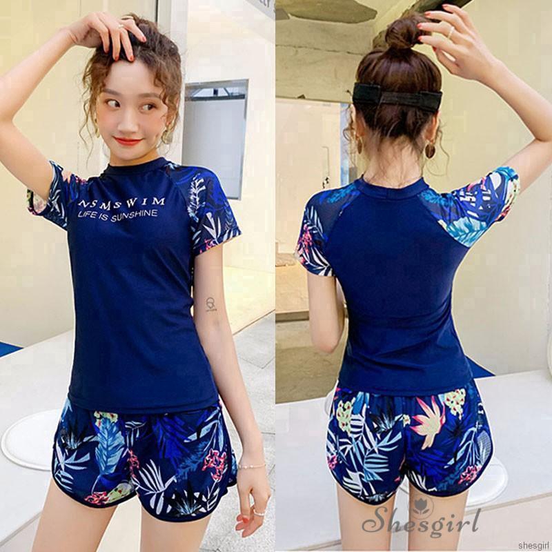 Bộ đồ bơi áo tay ngắn + quần sọt phối hoạ tiết đơn giản phong cách Hàn Quốc cho nữ | BigBuy360 - bigbuy360.vn