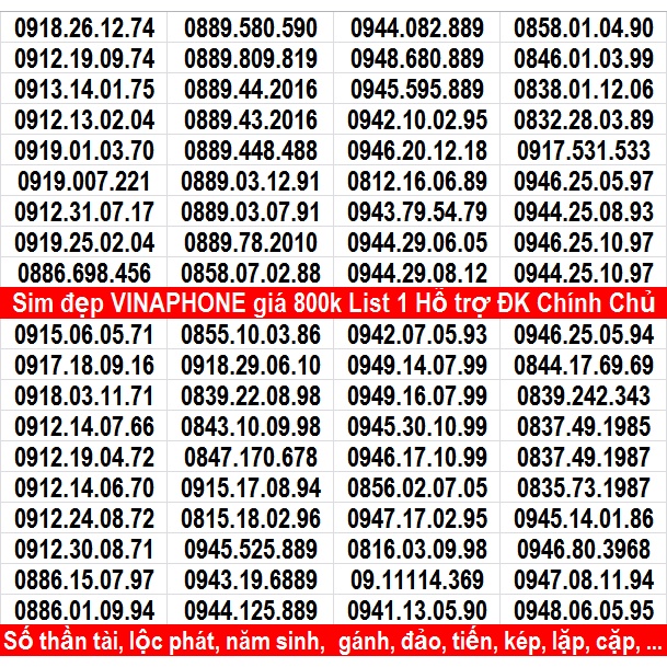 Sim Đẹp Năm Sinh VINA ĐỒNG GIÁ 800k File 1 HỖ TRỢ ĐĂNG KÝ CHÍNH CHỦ MIỄN PHÍ NHIỀU GÓI KM CỦA MẠNG VINA