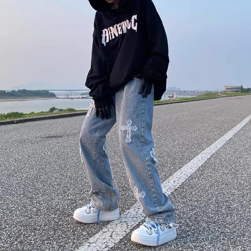 Quần bagyy jeans thiêu chữ thập hàng unisex from rộng