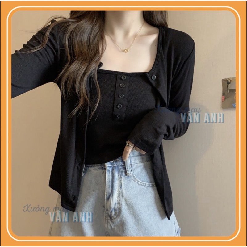 Set Áo Cadigan len tăm - Áo khoác kèm áo 2 dây croptop len nữ