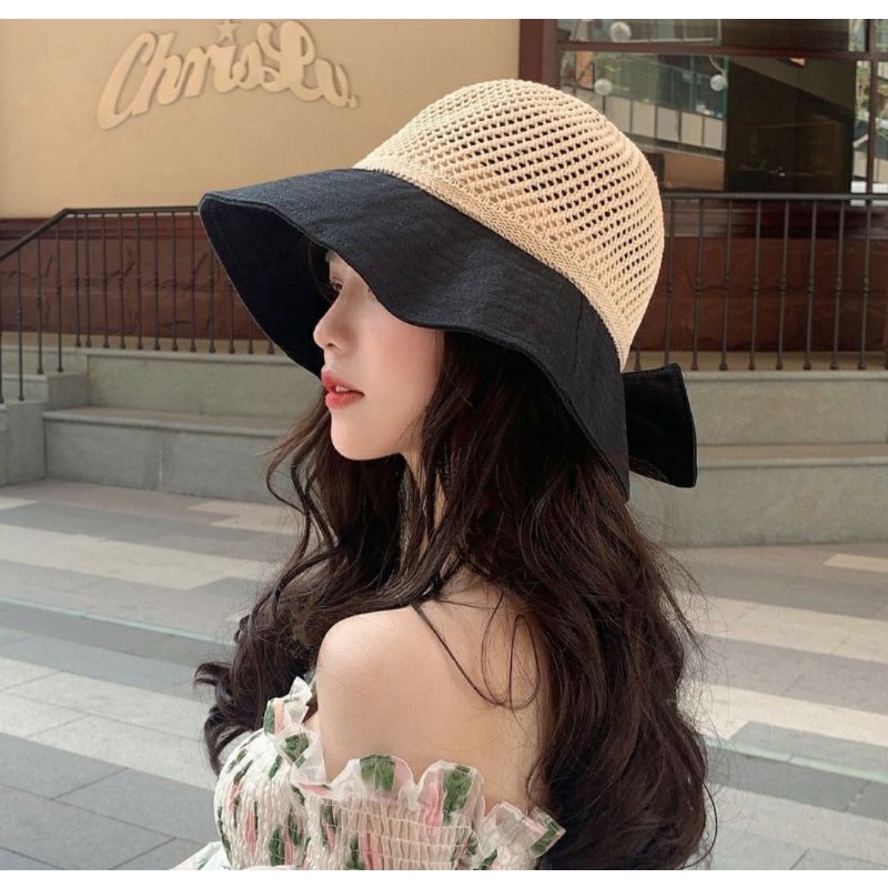 Nón đi biển chống nắng UV gấp gọn thông thoáng cho nữ chất liệu liệu cói vải cao cấp