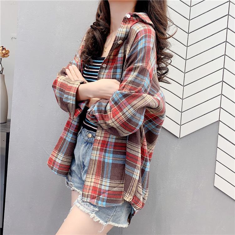 Áo Sơ Mi Tay Dài Dáng Rộng Họa Tiết Caro Phong Cách Hàn Quốc Thời Trang Cho Nữ