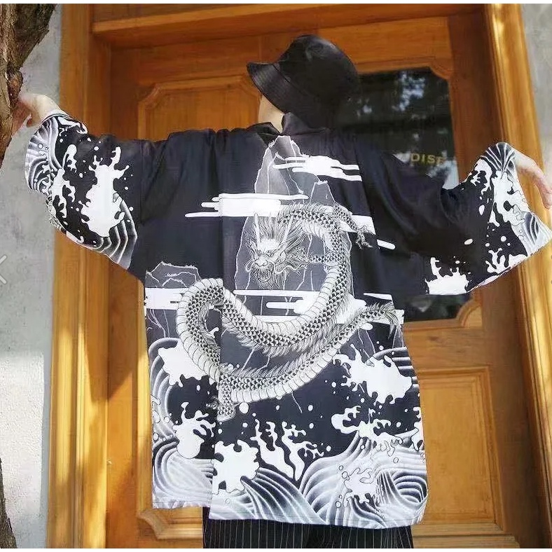 Áo Khoác Kimono Tay Lỡ Chất Lụa Lạnh Mỏng Dáng Rộng In Hình Rồng Phong Cách Trung Hoa Thời Trang Cho Cặp Đôi 2022