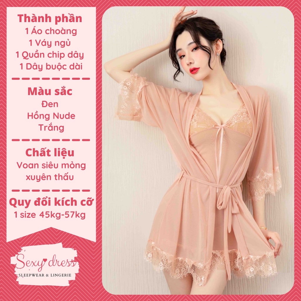Đầm ngủ sexy 2 dây gọi cảm áo choàng vải voan đen, trắng, hồng SX4 | BigBuy360 - bigbuy360.vn