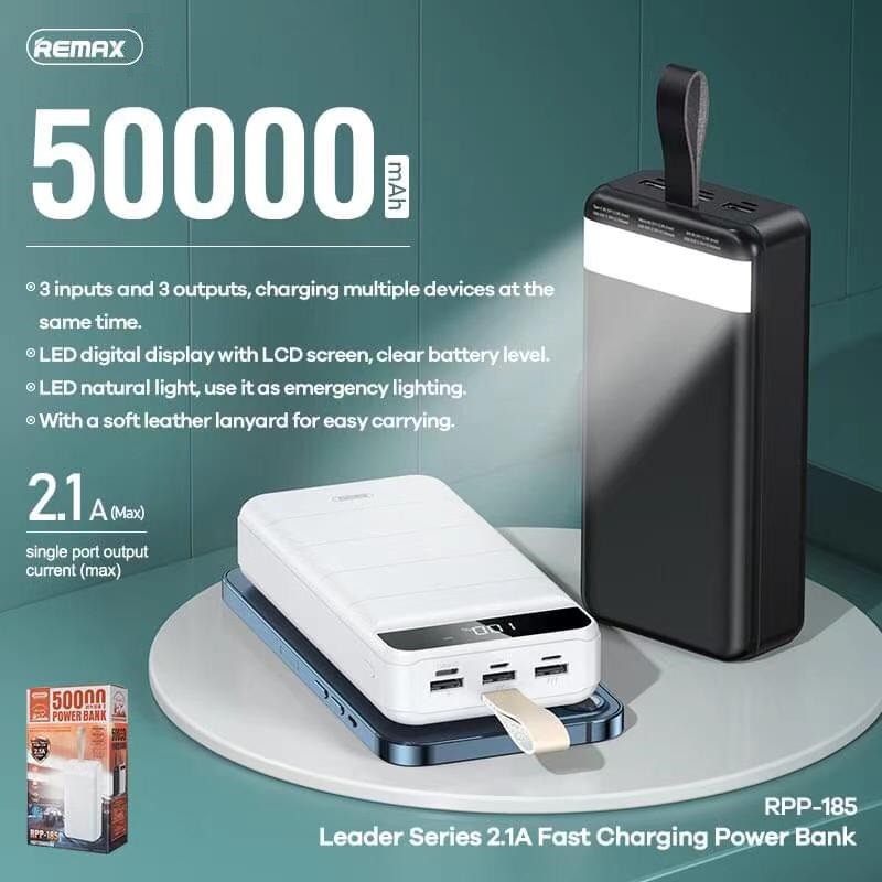 Sạc Dự Phòng Remax RPP-185 50000mAh Lõi Polymer 3 Cổng Sạc Vào, 3 Cổng Sạc Ra - Hưng Long PC