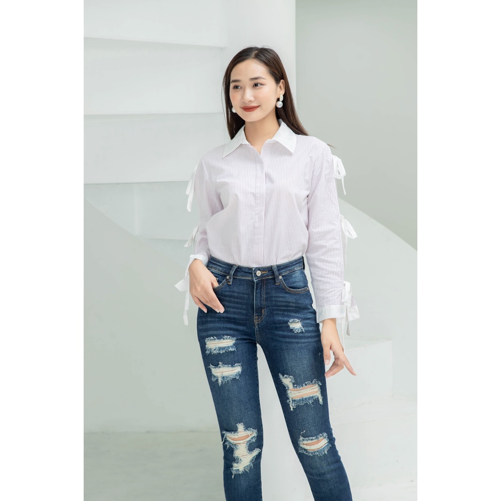 Áo sơmi sọc tay dài cột nơ, bo tay, hàng nút dấu ZR