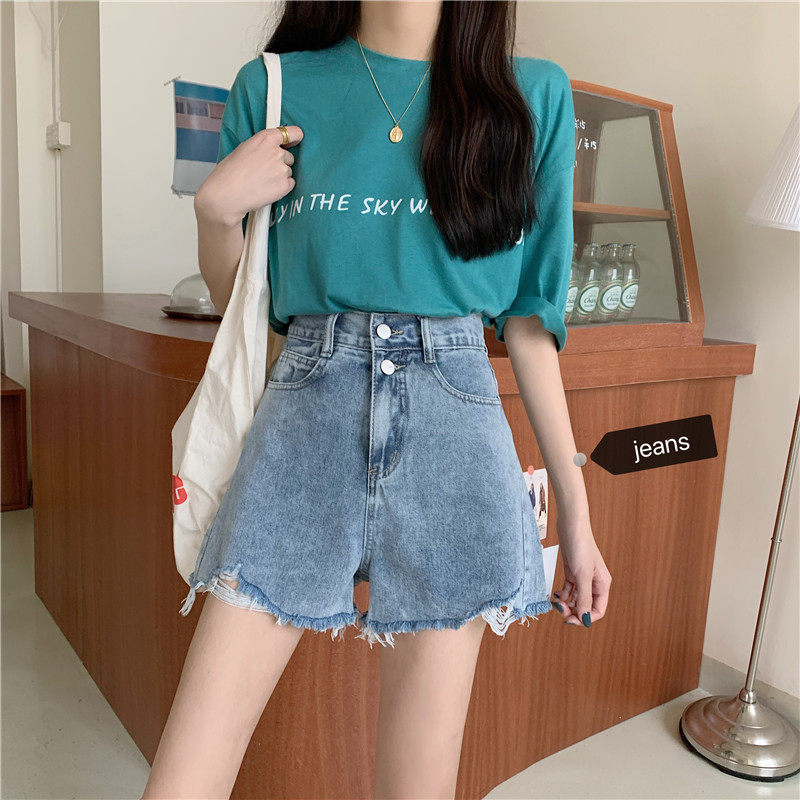 Quần Short Denim Lưng Cao Ống Rộng Phong Cách Hàn Quốc Với 2 Màu Tùy Chọn