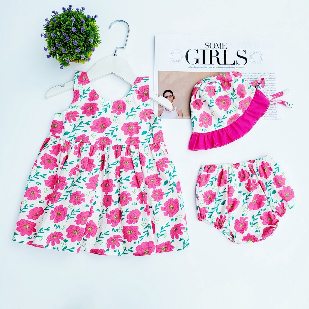 Đầm Hoa, Váy Hoa Nơ Cho Bé Gái, Bé Sơ Sinh- Kèm Quần Chip Và Mũ. Chất Vải Cotton Mềm Mại.