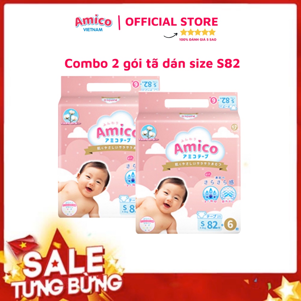 Tã dán Amico combo 2 gói size S 82+ 6 miếng (Cho bé 4 - 8 kg)