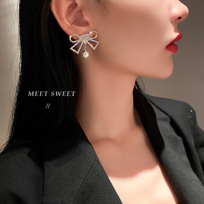 Bông tai mạ bạc 925 hình nơ đính kim cương toàn bộ phong cách Hàn Quốc mới