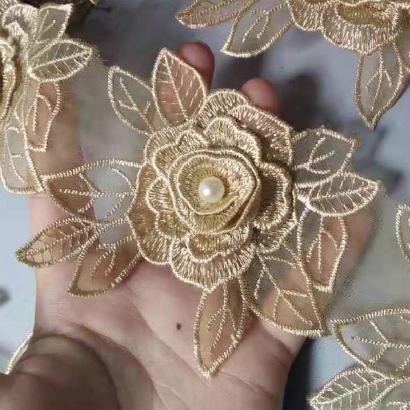 Set 10 Dải Ruy Băng Đính Hoa Hồng Và Ngọc Trai Trang Trí Đám Cưới