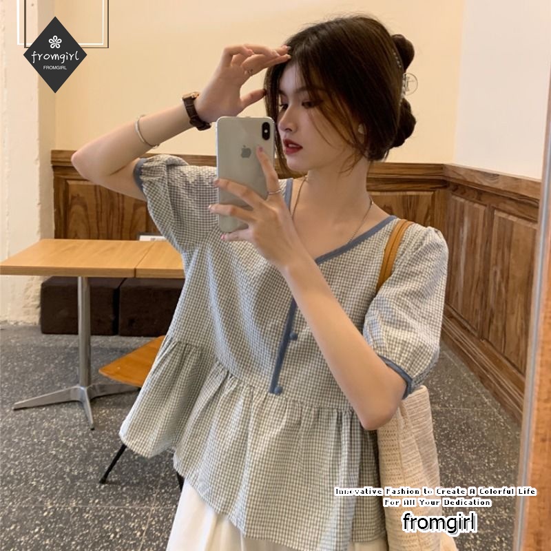 Áo tay ngắn cổ chữ V họa tiết caro thời trang mùa hè sang trọng dành cho nữ