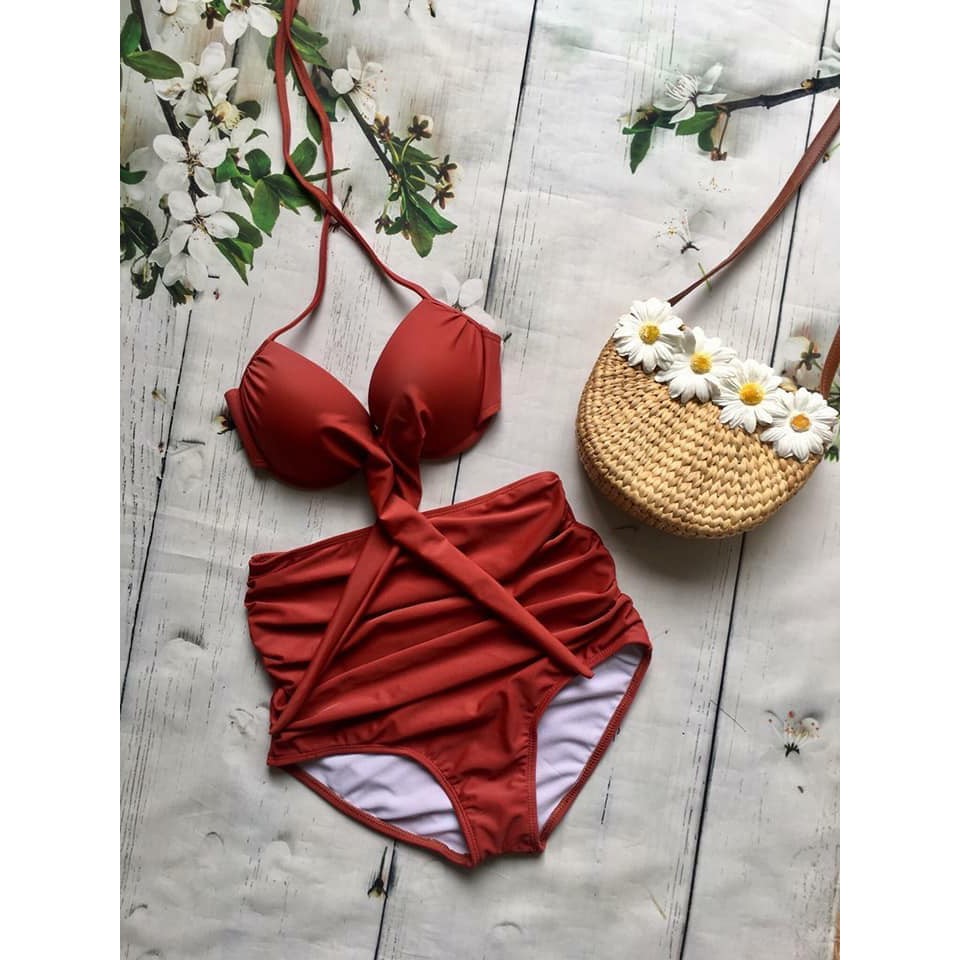 Bikini hai mảnh cam đất có gọng quần cạp cao mặc đi biển đẹp
