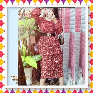 Đầm Maxi Tay Dài Họa Tiết Cherry So Dễ Thương Chất Vải Voan Phù Hợp Dạo Phố Đi Chơi Picnic