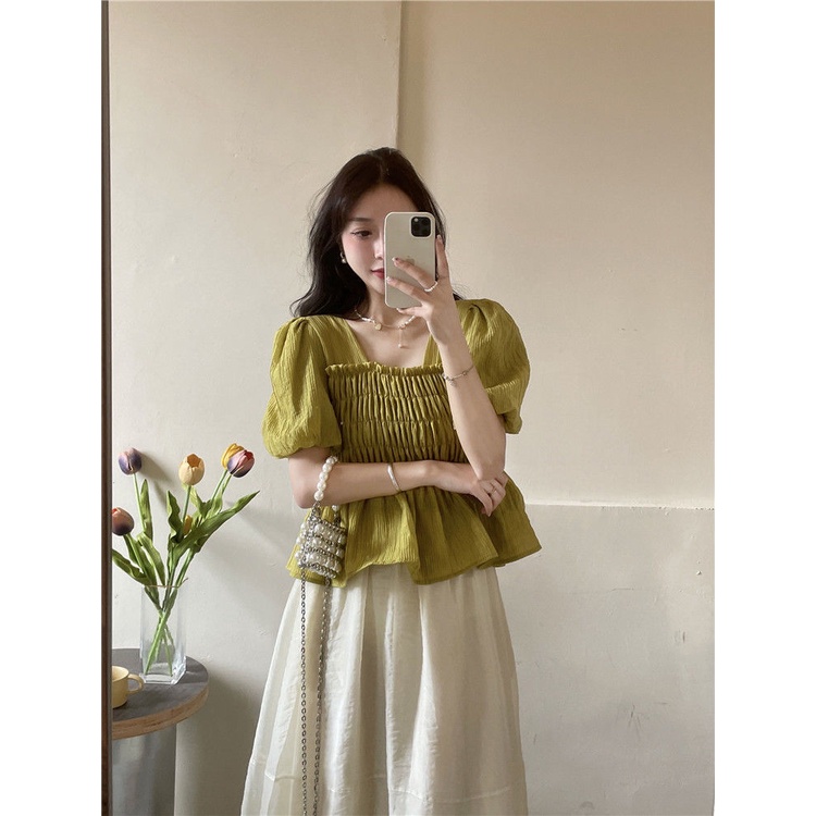 Áo Kiểu Cổ Vuông Tay Ngắn Dáng Rộng Cột Dây Thời Trang Mùa Hè Xinh Xắn Cho Nữ