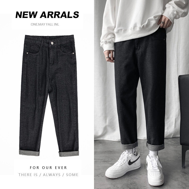 Quần jean AOKANG ống suông màu xanh dương và đen thoải mái cho cặp đôi