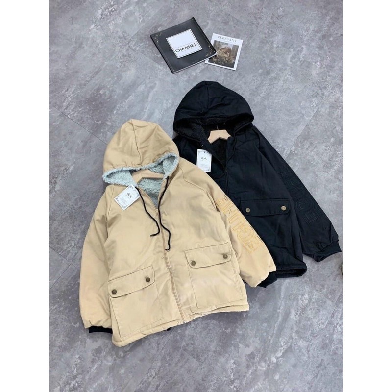 Áo kaki lót lông cừu thêu chữ