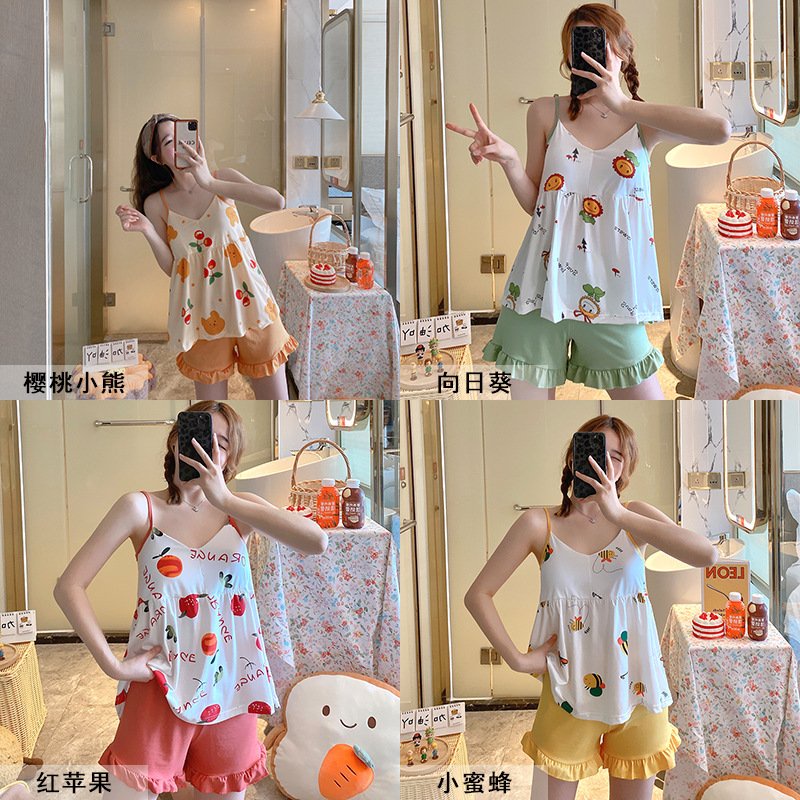Bộ đồ ngủ nữ áo 2 dây, quần áo ngủ với miếng đệm ngực, bộ ngủ đùi mùa hè