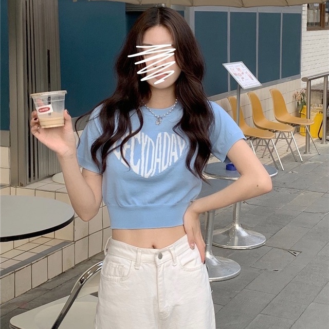 【Hana and Alice】Áo Croptop Dệt Kim Tay Ngắn In Họa Tiết Phong Cách Hàn Quốc Quyến Rũ Cho Nữ