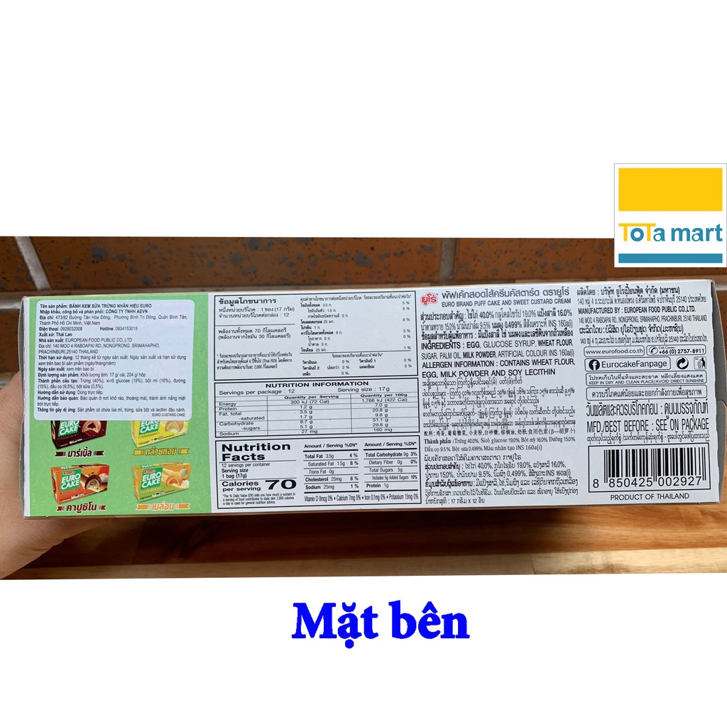 (sx 30/05/2023) Bánh EURO CAKE Thái Lan nhân kem trứng hộp 12 cái.