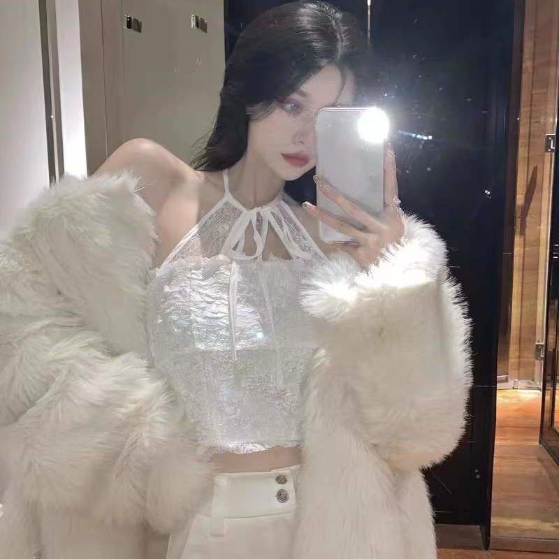 áo 2 dây có mút ngực áo hai dây croptop Dáng Ngắn Phối Ren Thời Trang Mùa Đông Quyến Rũ Cho Nữ