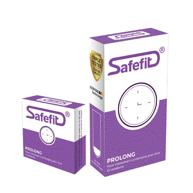 Bao cao su safefit Prolong, siêu mỏng, có kéo dài thời gian, chống tuột, giúp tạo cảm giác chân thật, hộp 3 - 12 cái