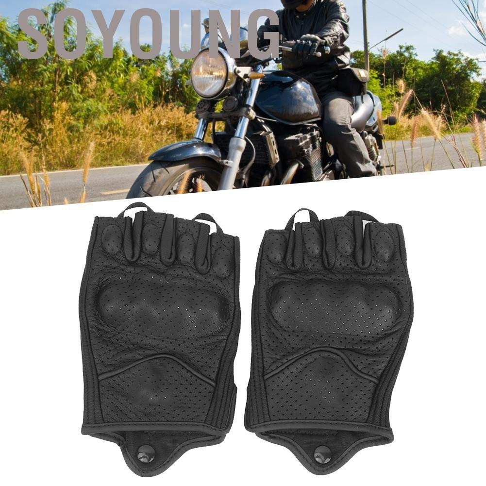 Soyoung Half Fingers Motorcycle Gloves Leather Breathable Anti Slip Protective Riding Cycling Hand Wear