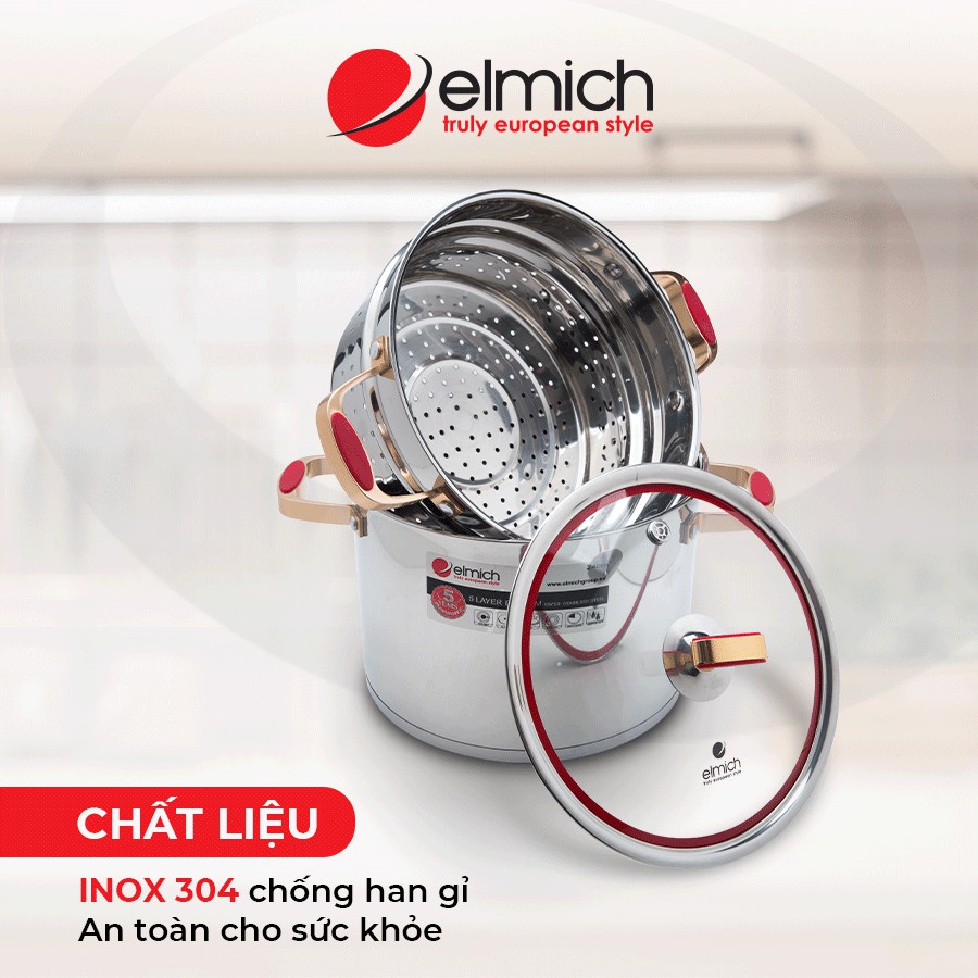 (Xoong) Nồi Inox cao cấp 5 lớp đáy Elmich Red Velvet - Hàng Nhập Khẩu Chính Hãng