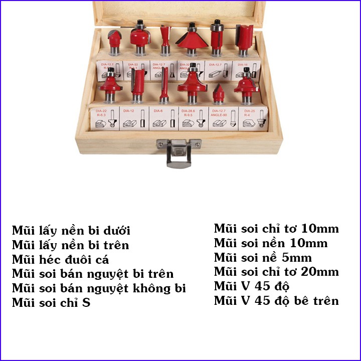 Mũi Phay Gỗ - Bộ Mũi Soi Gỗ 12 Chi Tiết hàng công ty