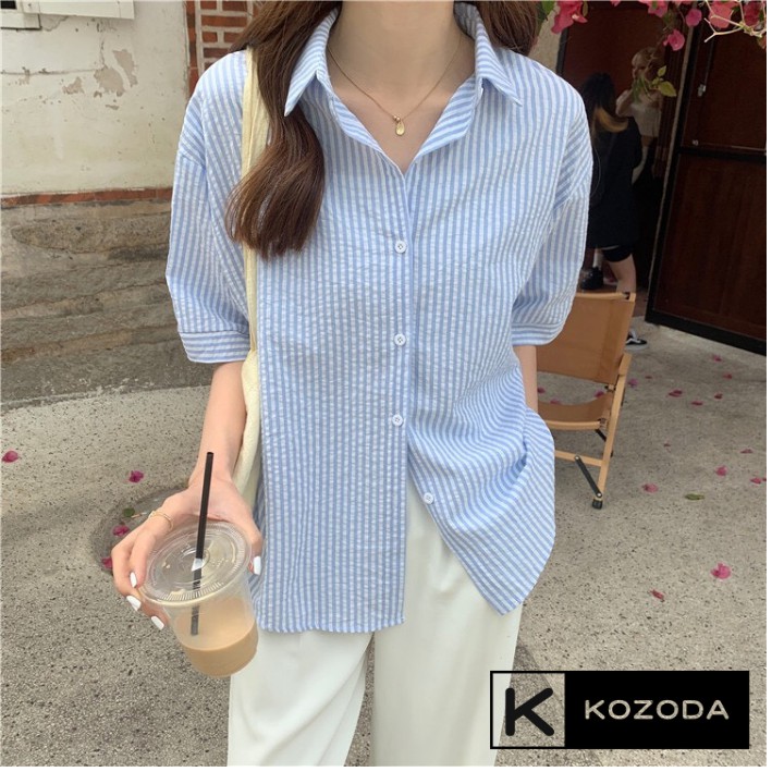 Áo Sơ Mi nữ form rộng Ngắn Tay Công Sở Chất Xốp Kẻ Sọc dễ mặc 4 màu phong cách Hàn Quốc Kozoda SM41