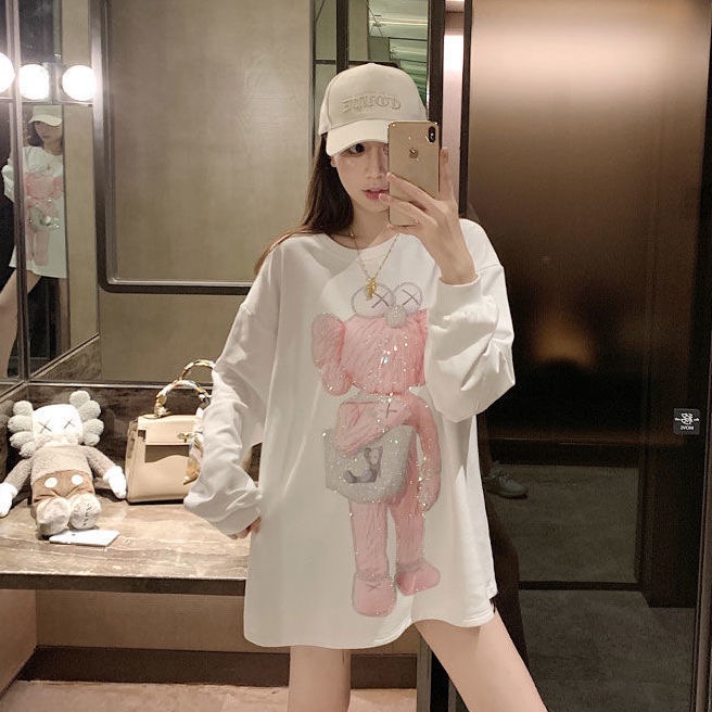 Áo thun ZHELIHANGFEI tay dài dáng rộng vải nhung in họa tiết dễ phối đồ