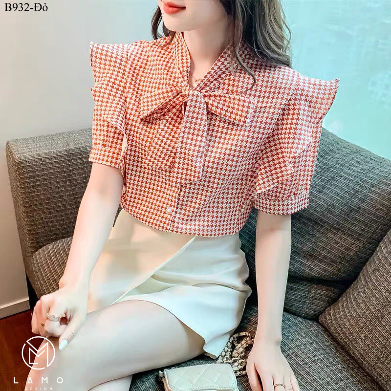Áo sơ mi công sở nữ vải lụa mango mềm mượt phối nơ xinh tay ngắn LAMO-B932