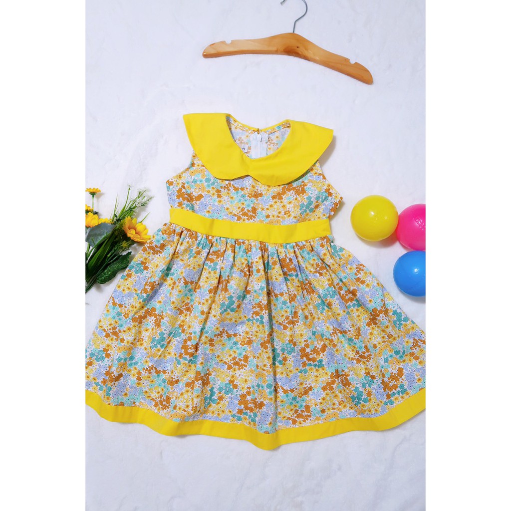 Váy đầm cho bé gái thô hoa tím cổ sen giọt nước 100% cotton, Thời trang thiết kế cho bé