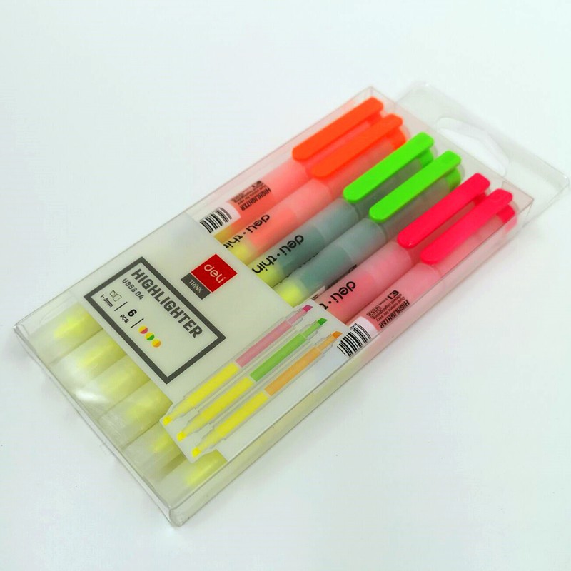 Bút nhớ dòng Deli - 2 đầu 2 màu - bút highlight , bút dấu dòng - 6 chiếc/hộp EU35304