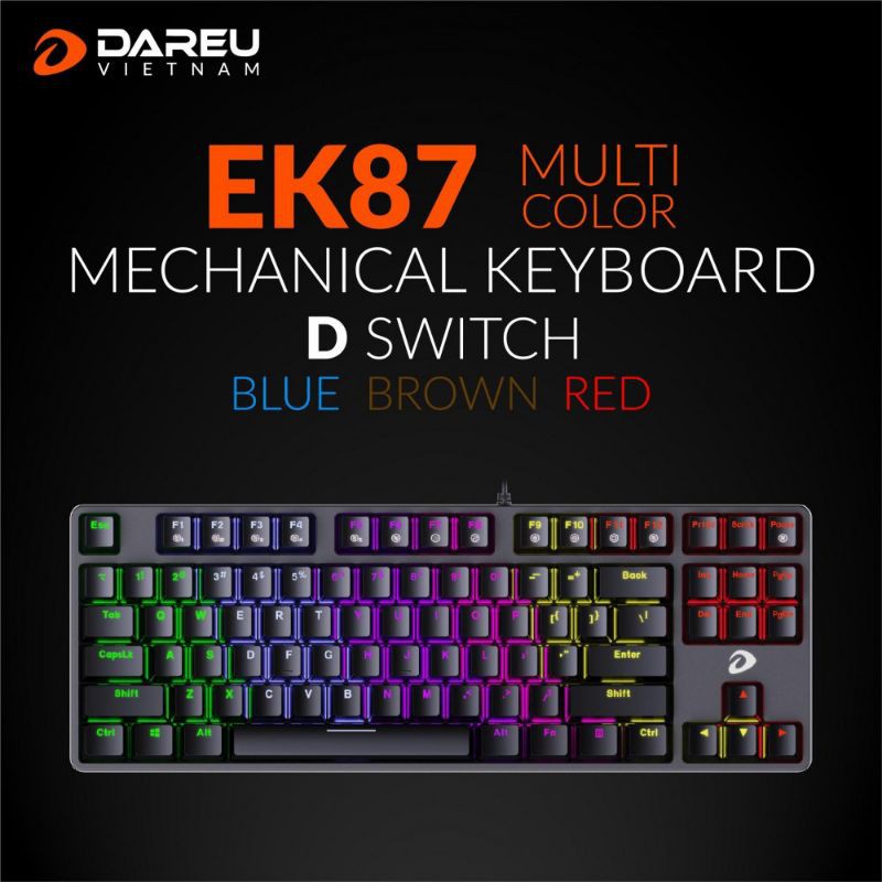 Bàn phím cơ Gaming Dareu EK87 MULTILED Black (Bản nâng cấp LED có 3 màu Blue, Brown, Red) - Hàng Chính Hãng