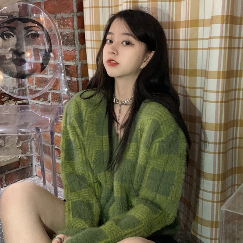 Áo len Cardigan kẻ sọc màu xanh lá dệt kim mềm mịn mới 2021