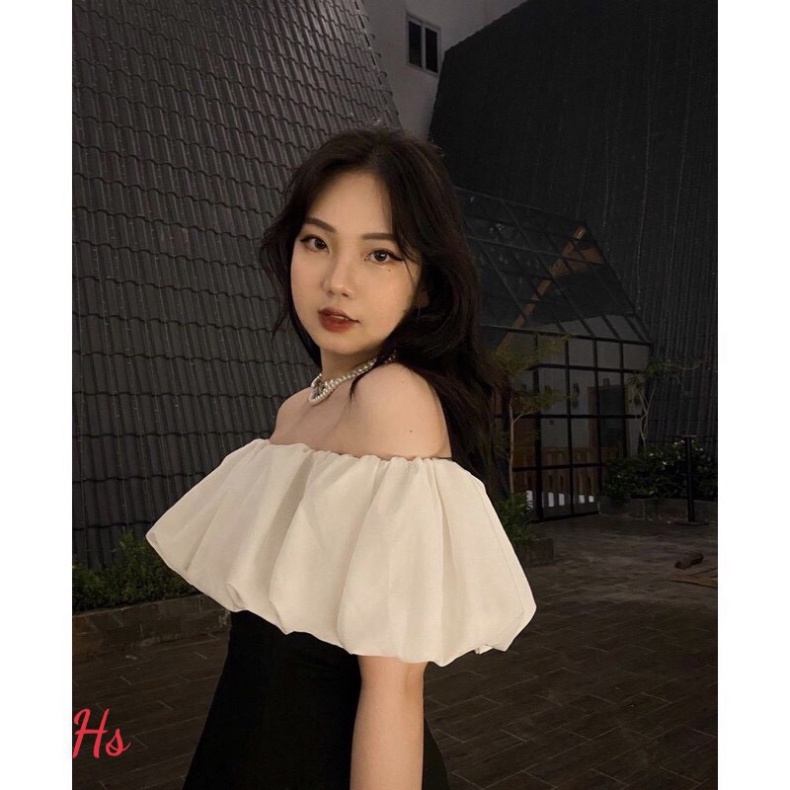 Đầm Nữ Trễ Vai Phối Màu 🦋 Váy Nữ Dáng Ngắn Vai Bèo Đen Trắng Chất Đũi 🦋