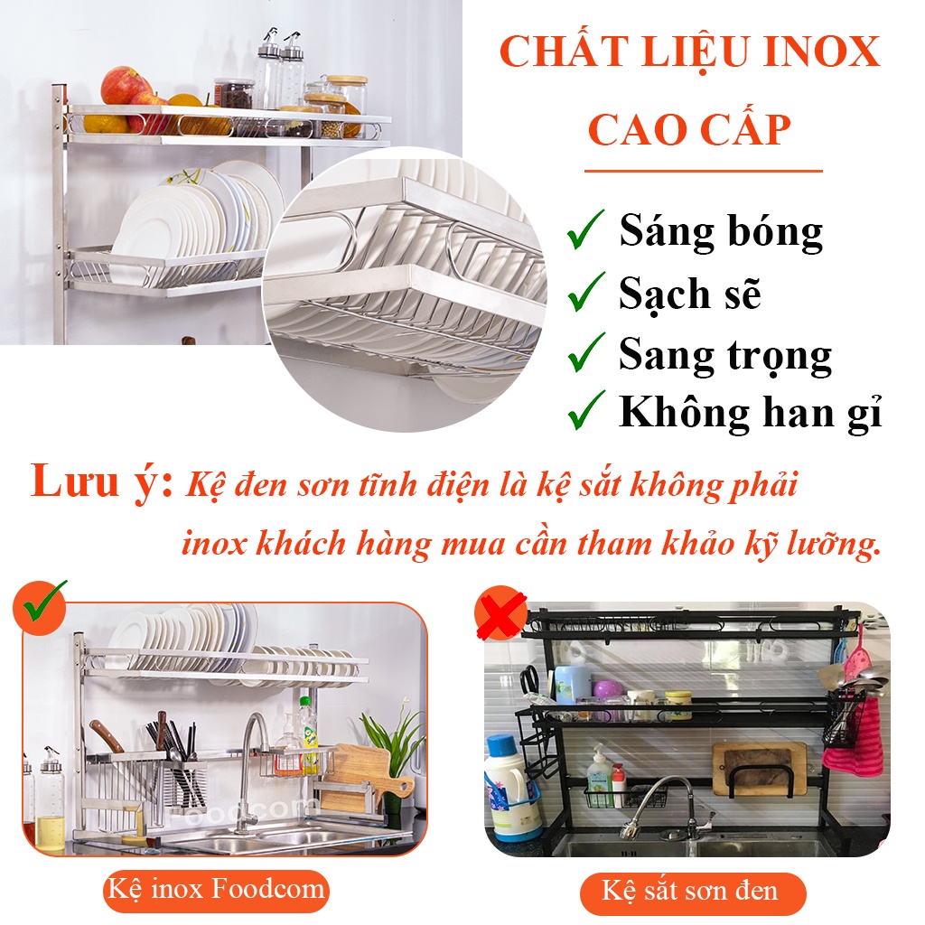 Kệ Đựng Chén Bát Inox 304, Bát Đĩa Đa Năng Cao Cấp 2 Tầng - Giá Úp Chén Bát Đa Năng FOODCOM Bồn Rửa Bát KT 86-106 cm
