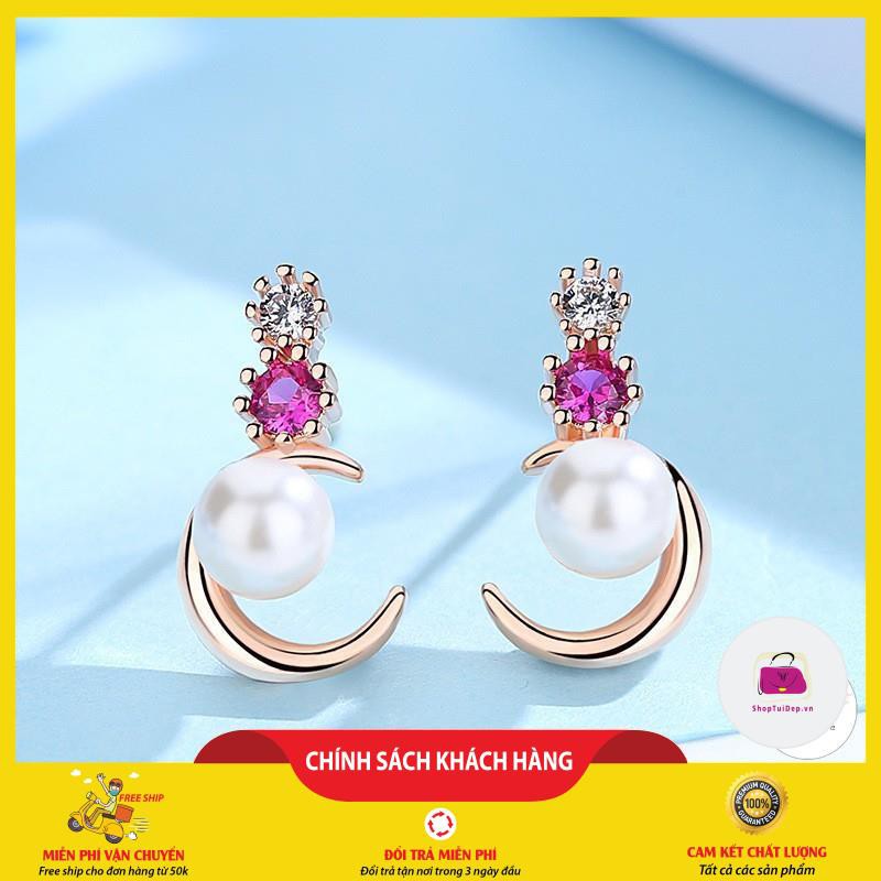 FREESHIP 50K⚡ Bông Tai Bạc Nữ ⚡Bông Tai Mặt Trăng Đính Đá Siêu Xinh