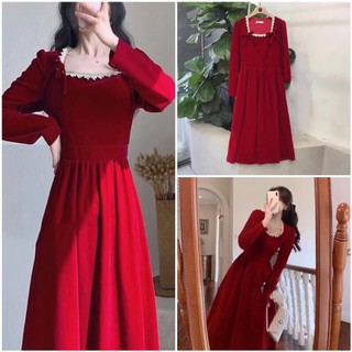 Đầm nhung đỏ, cổ pha ren cao cấp - có ảnh thật - oho clothing