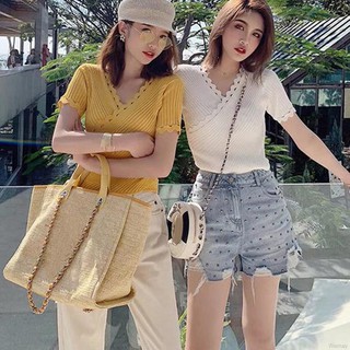 Áo thun len gân ôm body cổ chữ V phong cách Hàn Quốc quyến rũ