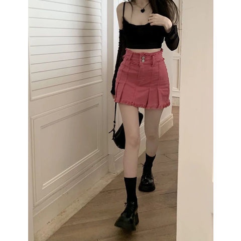 Jiashucheng Chân Váy Denim Ngắn Lưng Cao Thời Trang Mùa Hè Hàn Quốc 2023 Dễ Phối Đồ