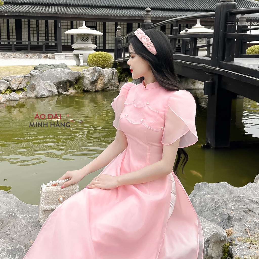 Áo dài cách tân nữ tầng sóng tay bồng thiết kế màu hồng cam_Áo Dài Minh Hằng