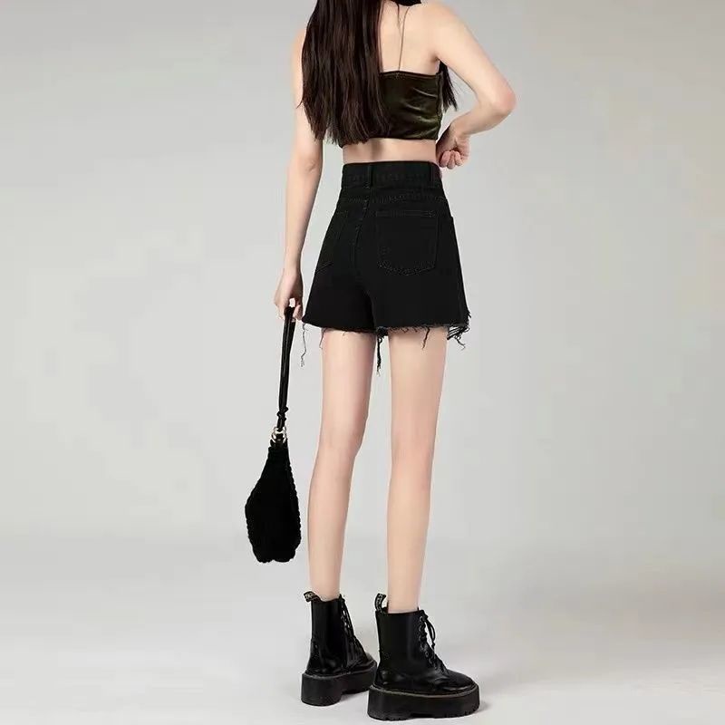 Quần Short Denim Đen Dáng Chữ A Ống Rộng Lưng Cao Phối Rách Thời Trang Mùa Hè 2022 Cho Nữ