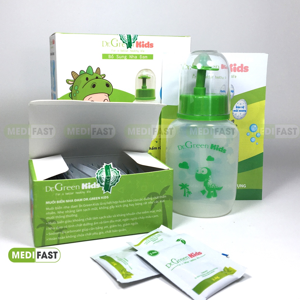 Bình rửa mũi Dr Green Kids - An toàn, tiện lợi khi sử dụng cho trẻ em - Tặng kèm 30 gói muối